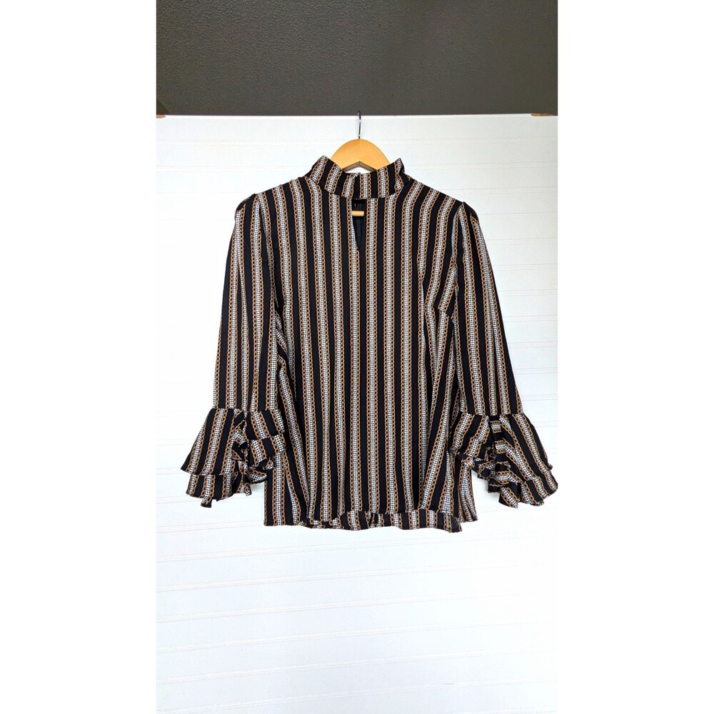 Gracia Mock  Keyhole Neck Striped Ruffle Bell Sleeve Chiffon Blouse Women's L